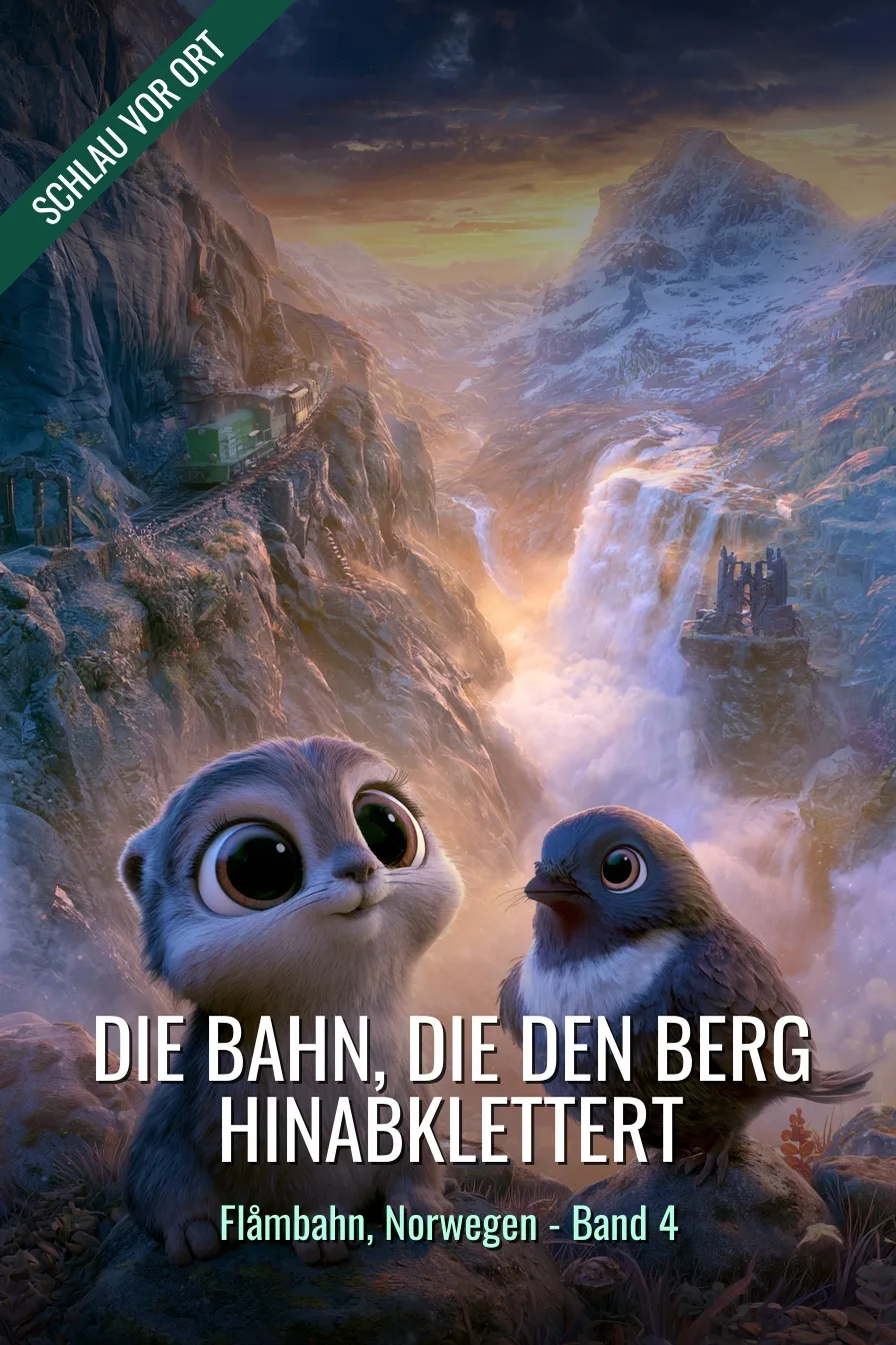Buchcover: Die Bahn, die den Berg hinabklettert – Kinderbuch über Flåmbahn