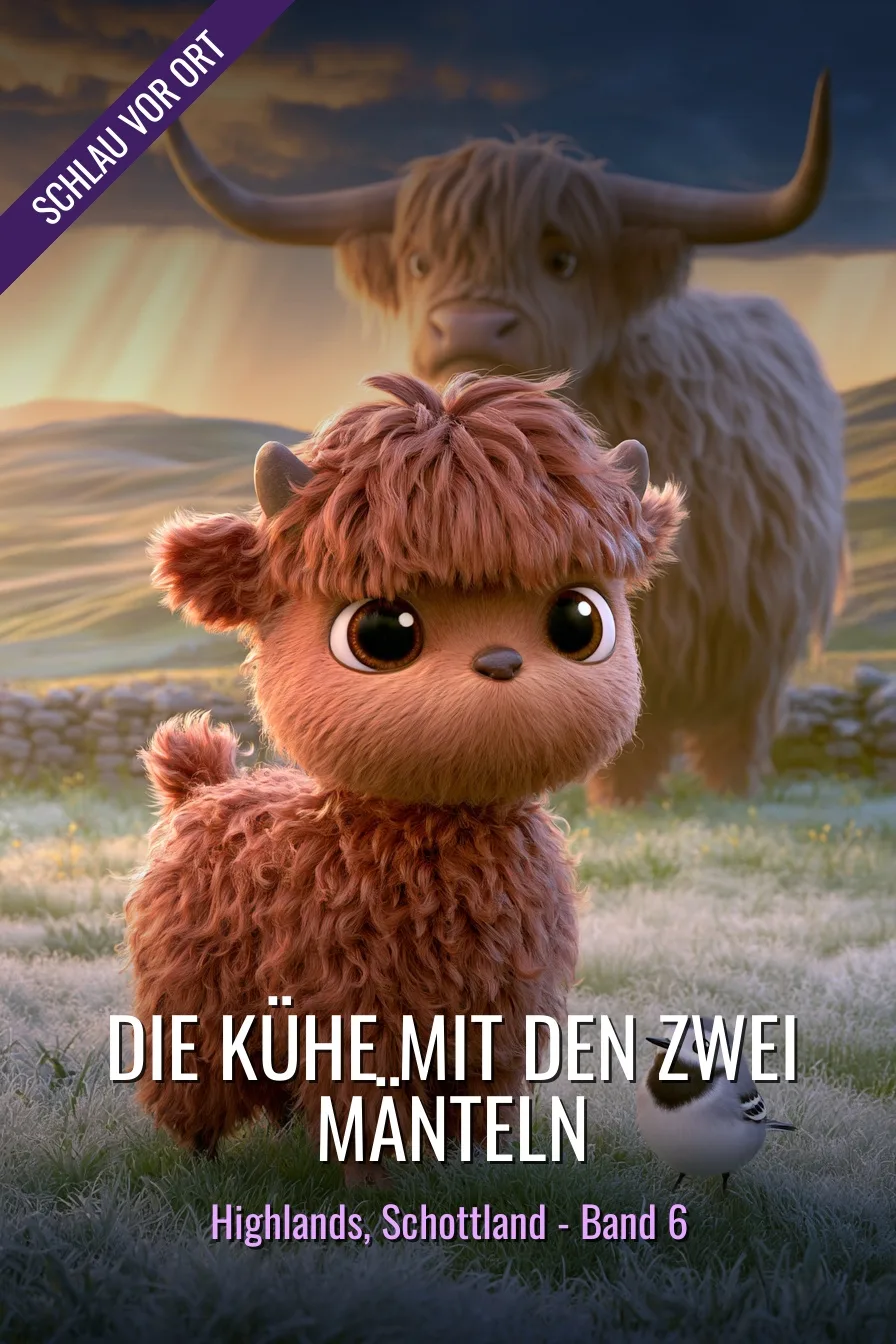 Buchcover: Die Kühe mit den zwei Mänteln – Kinderbuch über Highlands