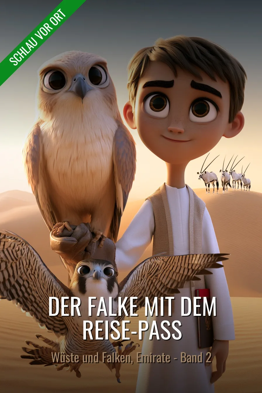 Buchcover: Der Falke mit dem Reise-Pass – Kinderbuch über Wüste und Falken
