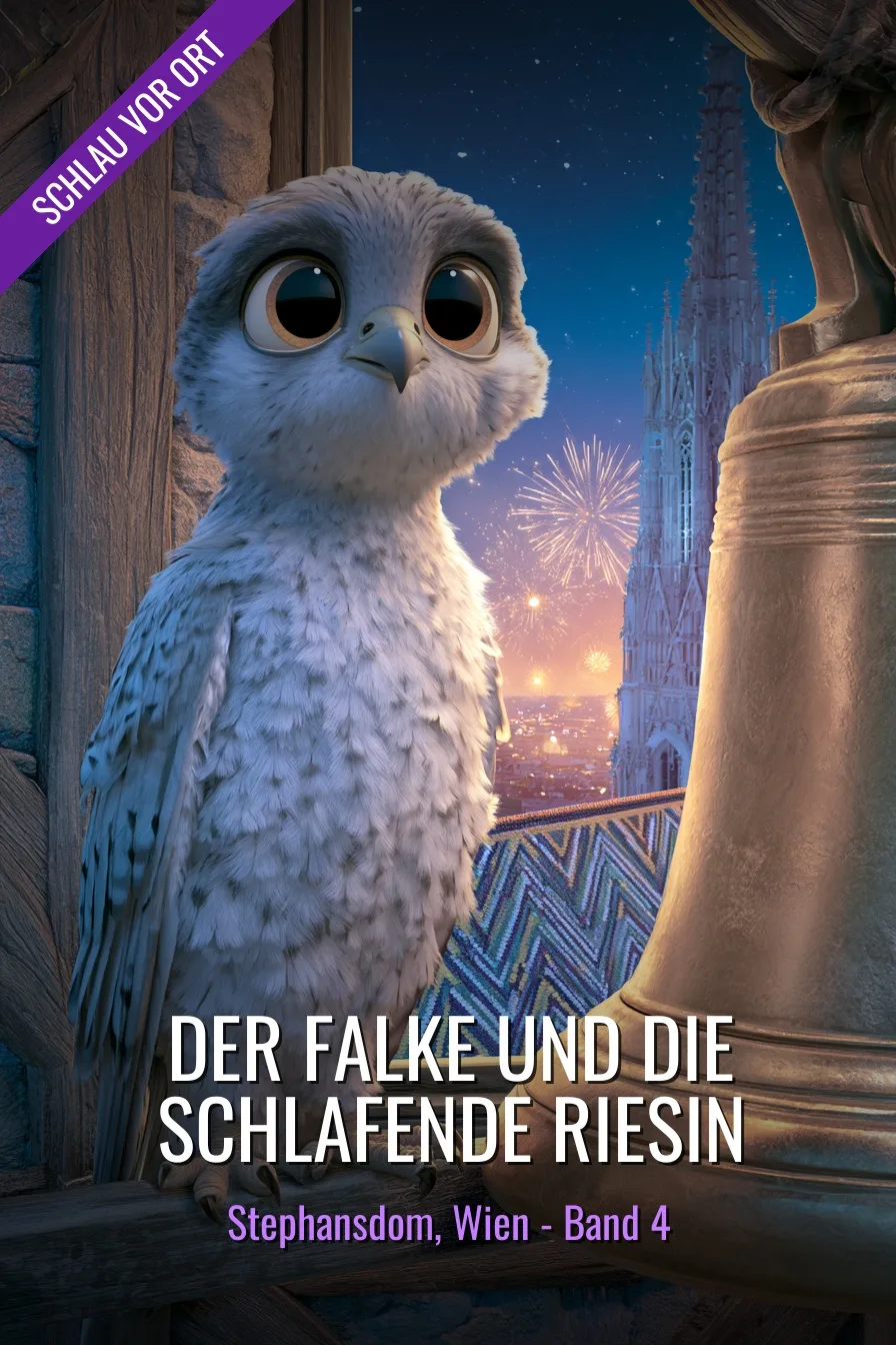 Buchcover: Der Falke und die schlafende Riesin – Kinderbuch über Stephansdom
