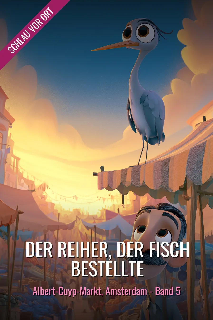 Buchcover: Der Reiher, der Fisch bestellte – Kinderbuch über Albert-Cuyp-Markt