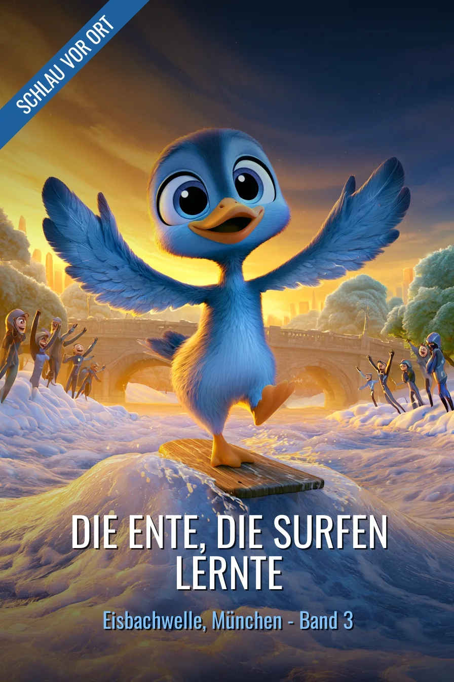 Buchcover: Die Ente, die surfen lernte – Kinderbuch über Eisbachwelle